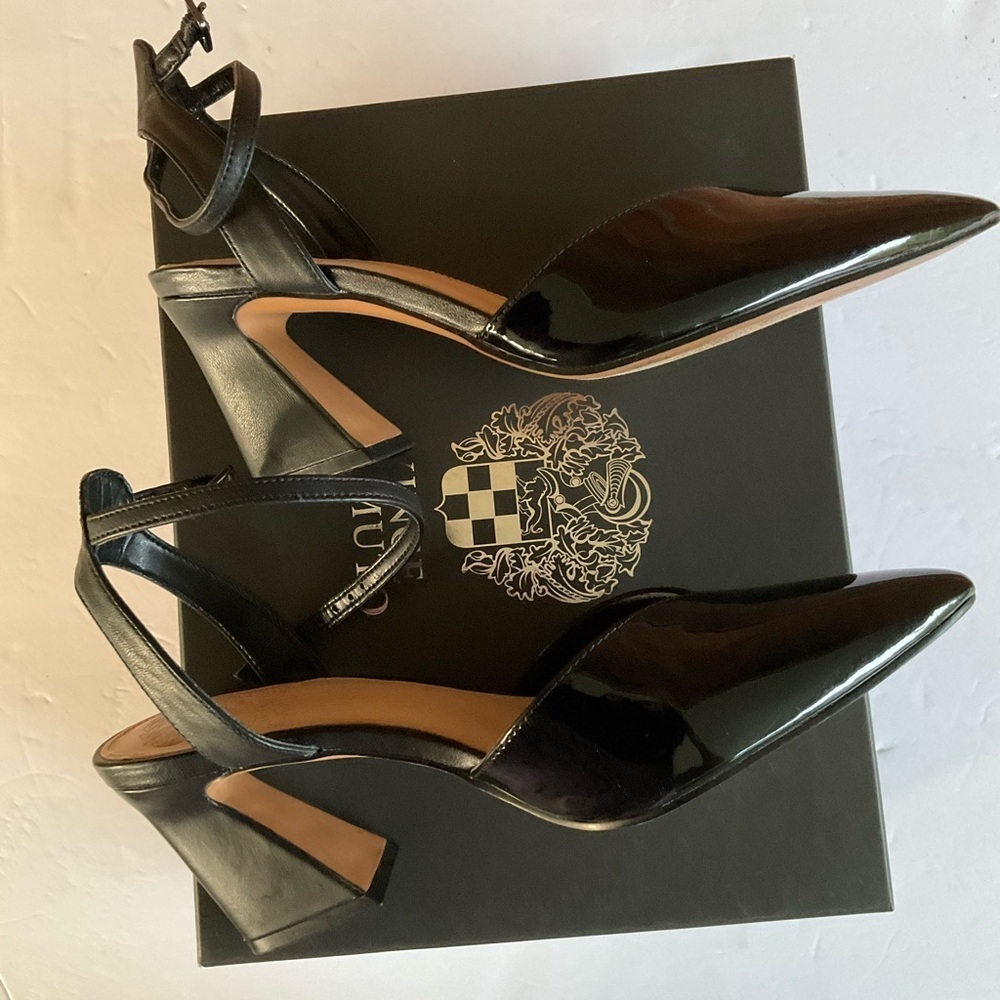 Vince Camuto Black Slingback Heels with Ankle Closure Patent Faux Leather - Picture 2 of 12